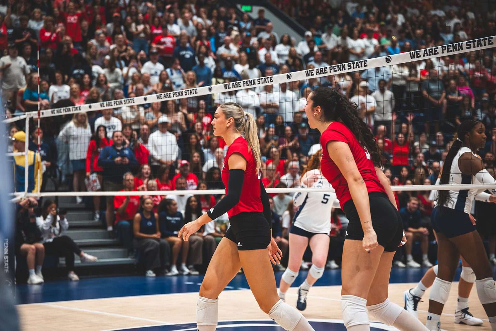 Nebraska Huskers volleyball players on court, 2026 season.