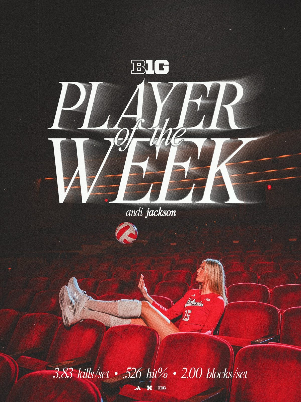 @HuskerVB Big Ten Player of the Week graphic for Andi Jackson.