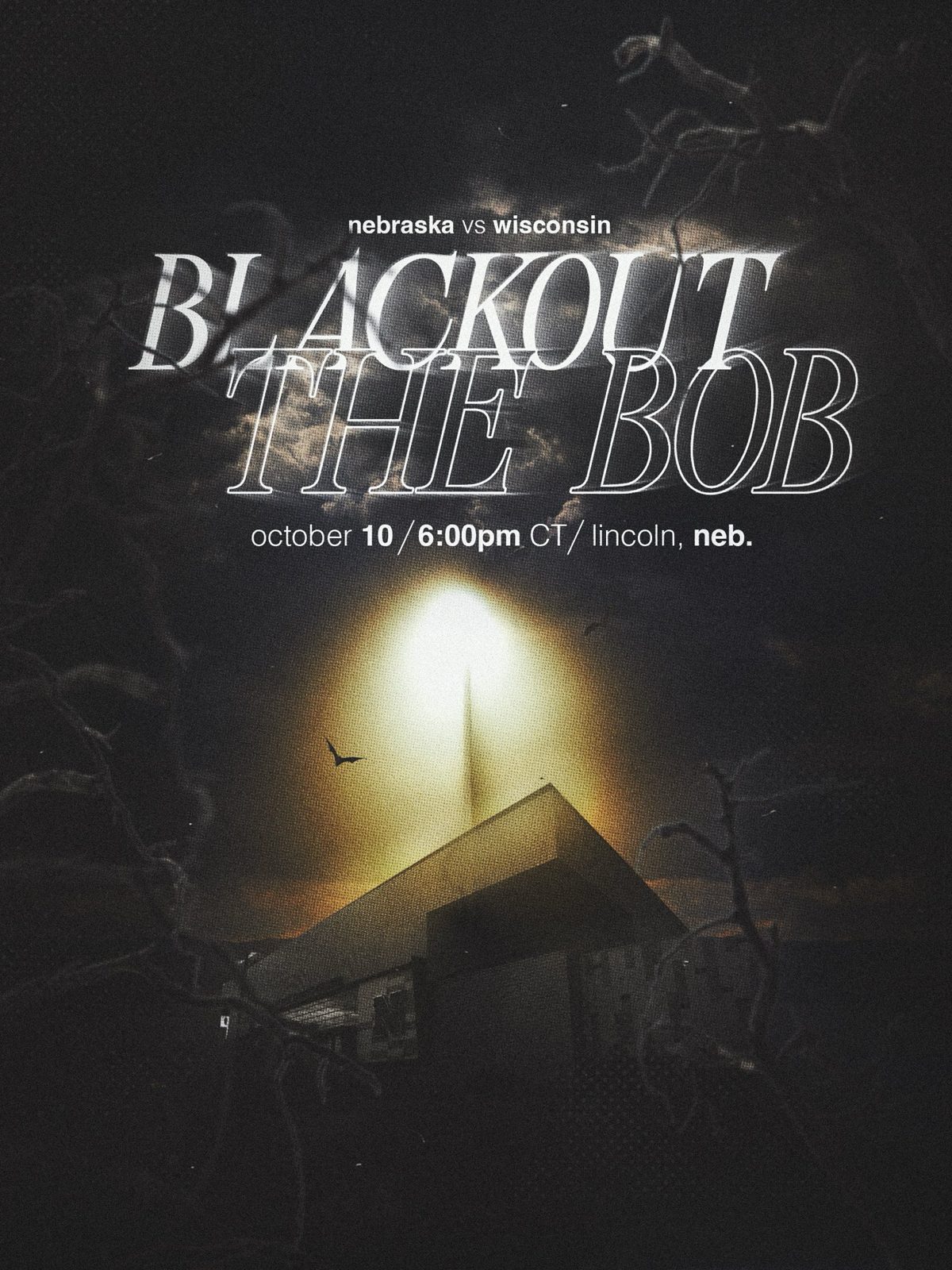 @HuskerVB promo graphic: Nebraska vs Wisconsin, Blackout the Bob, October 10, 6 p.m. CT, Lincoln.